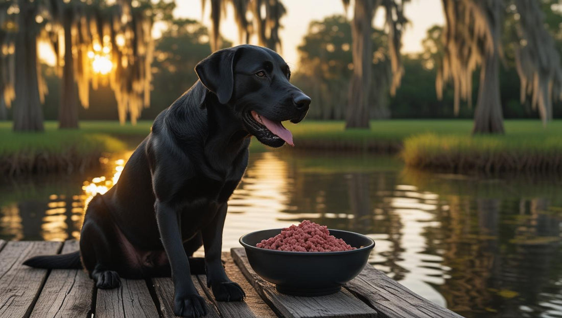 Healthy black Labrador with shiny coat sitting next to bowl of raw dog food on wooden pier overlooking Louisiana bayou at sunset - Bayou Chien Raw Foods