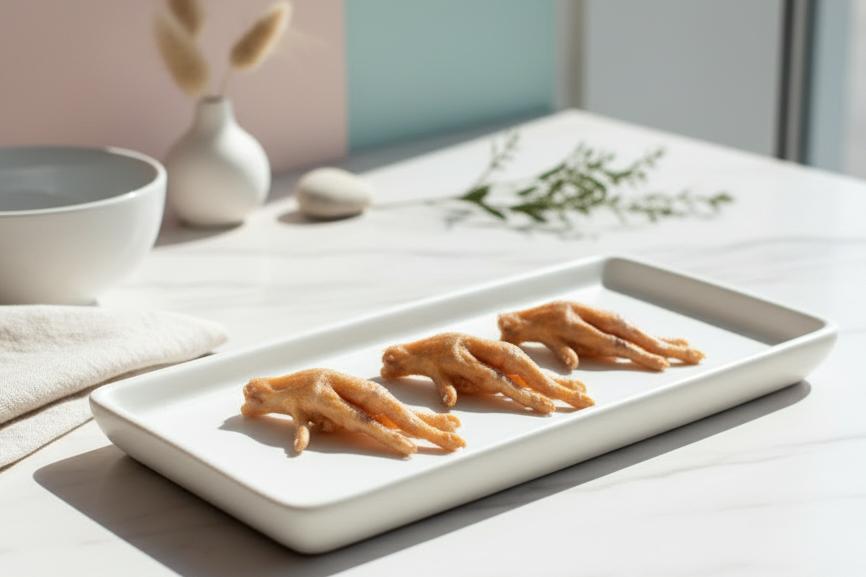 Dehydrated chicken feet dog treats arranged on white rectangular plate in minimalist kitchen setting with natural lighting and herbs in background​​​​​​​​​​​​​​​​