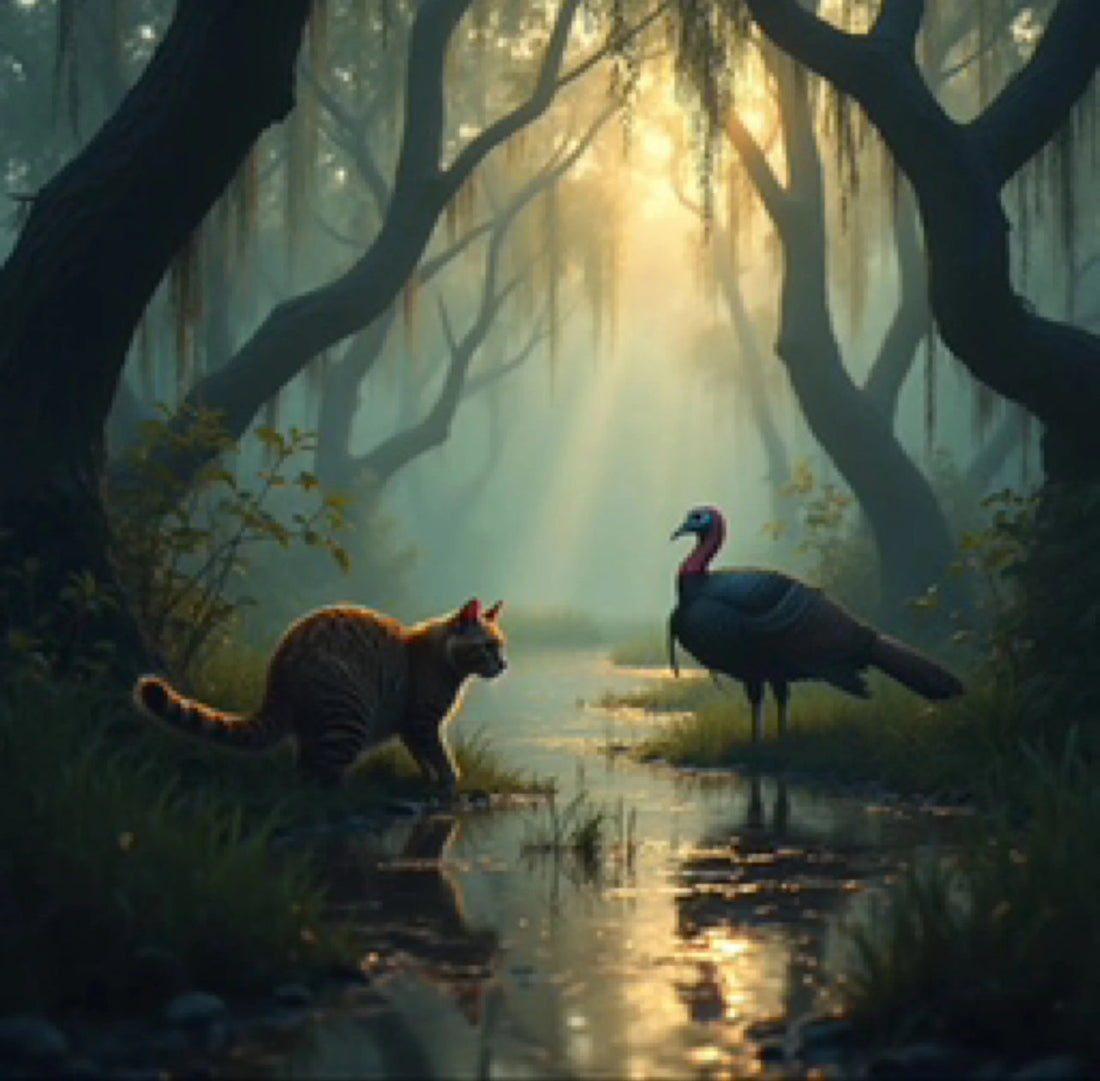 Healthy cat stalking turkey in misty Louisiana bayou swamp - natural prey behavior illustrating raw cat food nutrition - Minou on da Bayou