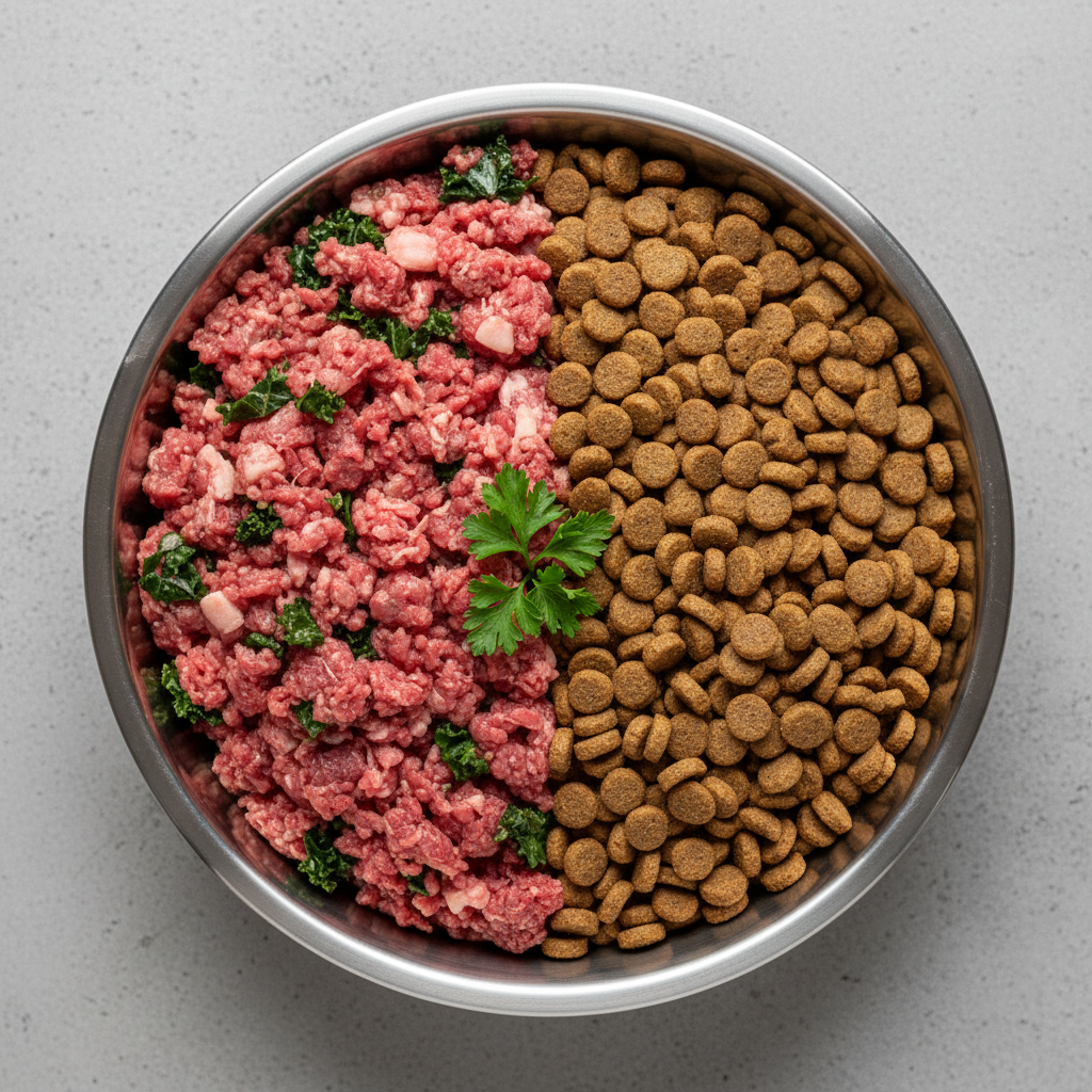 Raw dog nutrition made from meat, organ, and bone compared side by side with highly processed kibble dog food.