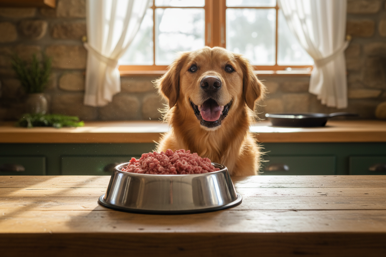 Dog standing behind large bowl raw dog food in kitchen