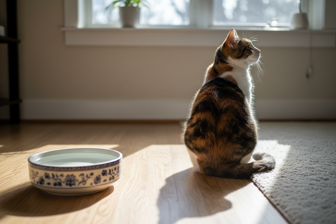 Cat ignoring water bowl demonstrating low thirst drive in domestic cats