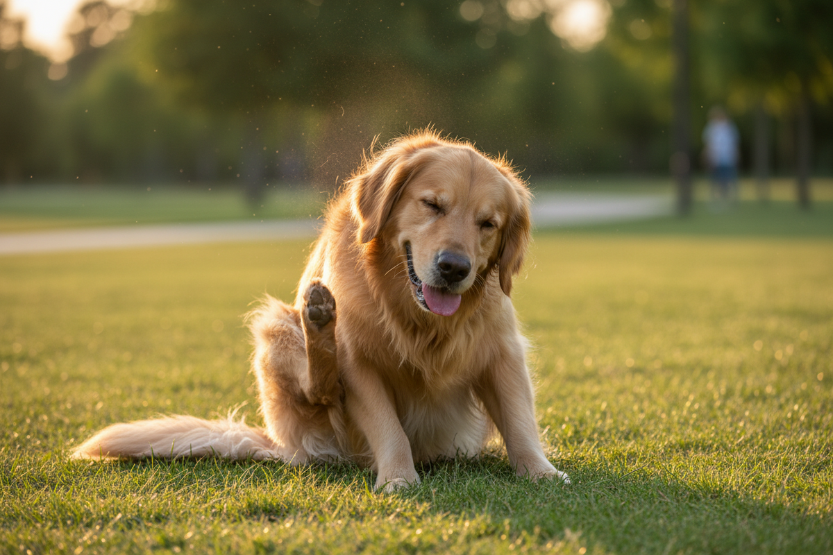 Dog scratching itchy skin due to allergies while sitting on grass, a common symptom of food sensitivities in dogs
