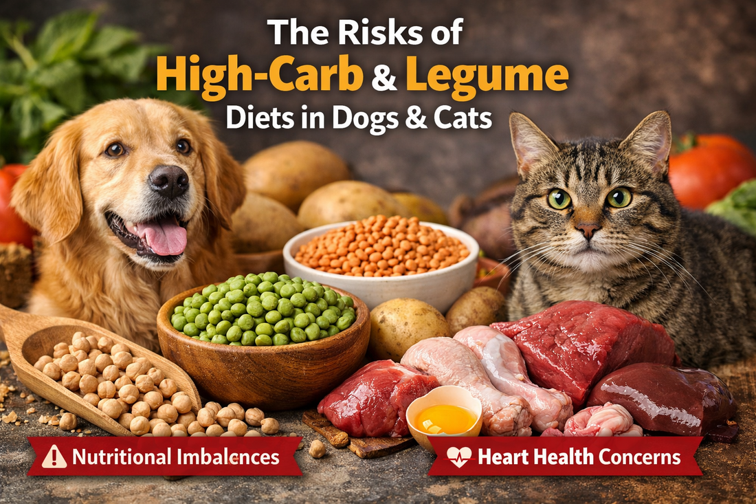 Golden retriever and tabby cat beside bowls of peas, lentils, chickpeas, and potatoes contrasted with raw meats and organs, illustrating the risks of high-carbohydrate and legume-heavy diets in dogs and cats.