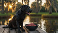Black dog sitting on a dock by a bowl of food with a sunset or sunrise in the background.