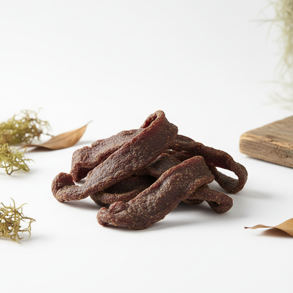 Dried beef liver pieces on a white surface with natural elements