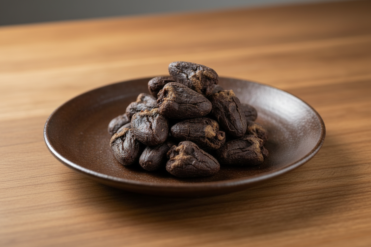 Dried chicken hearts on a brown plate on a wooden table