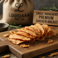 Dried chicken breast strips on a wooden board with a 'Louisiana Pet Co.' bag in the background.