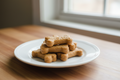 Stack of dog treats on a white plate with a window in the background