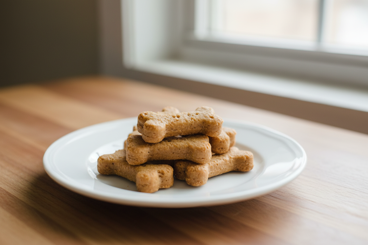Stack of dog treats on a white plate with a window in the background